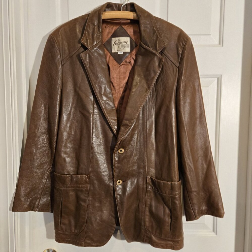 Vintage Remy‎ Leather Blazer Mens 44 Brown Soft Pockets Lined Button Jacket